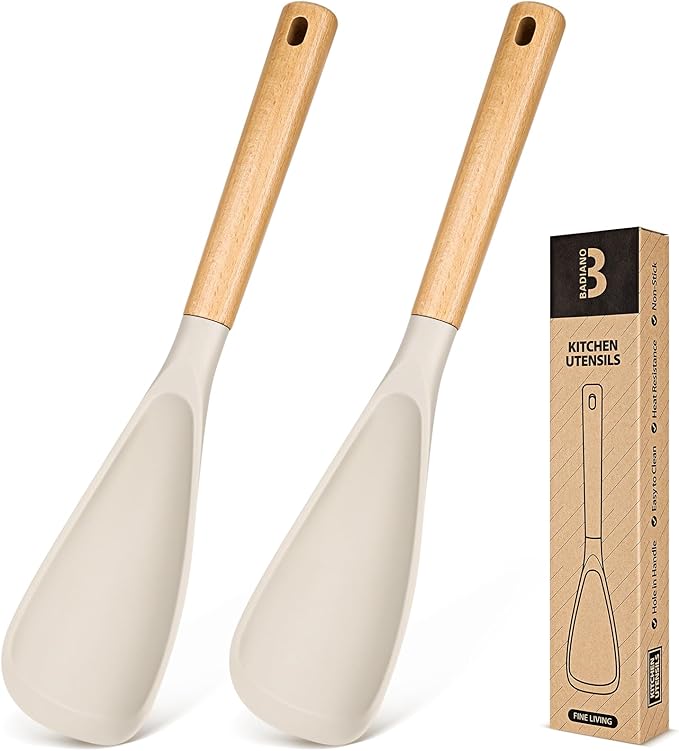 Cooking Spoon for Nonstick Cookwares, Great for Cooking and Serving Sturdy BPA-Free Matte Silicone, Wood Handle Spoon for Mixing, Scoop, and Scrape (2 Pack of Khaki, 13.4 inch) by BADIANO