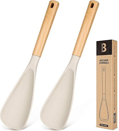 Cooking Spoon for Nonstick Cookwares, Great for Cooking and Serving Sturdy BPA-Free Matte Silicone, Wood Handle Spoon for Mixing, Scoop, and Scrape (2 Pack of Khaki, 13.4 inch) by BADIANO