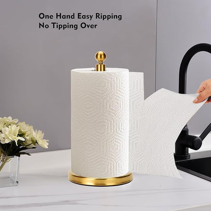 Gold Paper Towel Holder Countertop, Standing Paper Towel Roll Holder for Kitchen Bathroom, with Weighted Base for One-Handed Operation (Stainless Steel Base, Gold) - Image 2