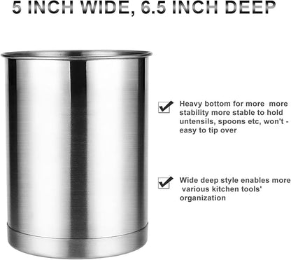 KSENDALO Stainless Steel Utensil Holder for Counter 5.0" Diameter, Brushed Metal Utensil Crock Canister for Cooking Utensils on Countertop, with Heavy Base, Dishwasher Safe,Silver - Image 6