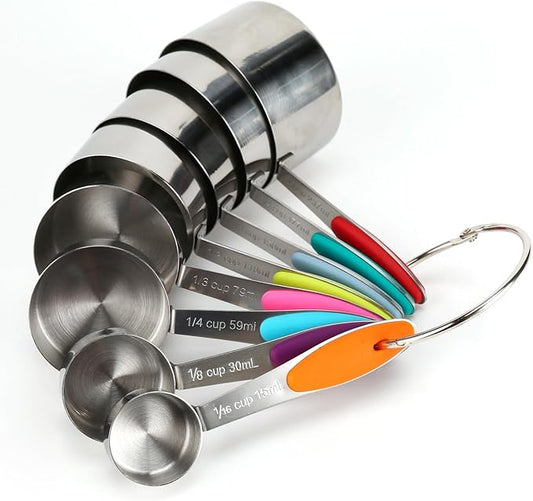 Stainless steel measuring cup set, consisting of 8 cups, suitable for cooking and baking. by Unknown