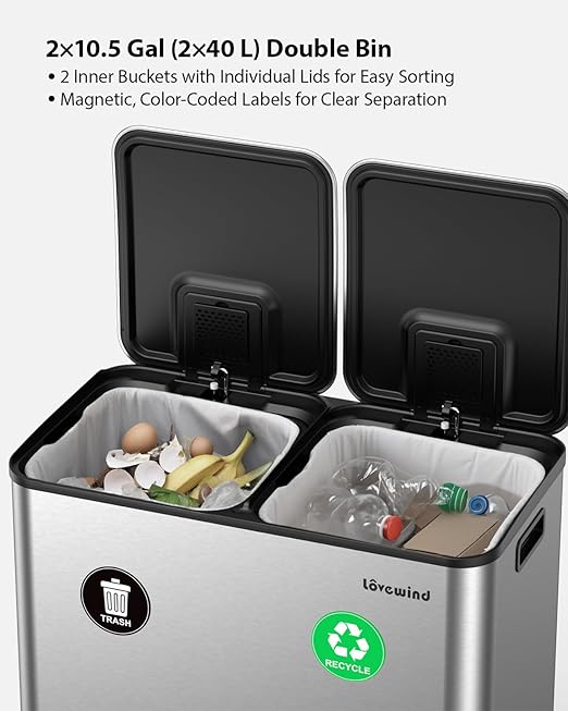 Lovewind Trash Can, 2 x 10.5 Gallon (2 x 40 L) Garbage Can for Kitchen Dual Compartment Recycling Kitchen Step Trash Bin, Stainless Steel Trash and Recycle Bin Combo with Soft-Close Lid, Silver - Image 3