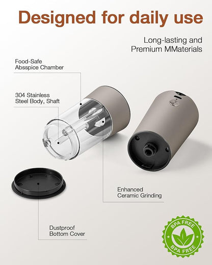 Electric Salt and Pepper Grinder Set with USB-C Charging Base,Rechargeable Automatic Stainless Steel Pepper Mill Grinder with LED Light, 2pack(Brown)