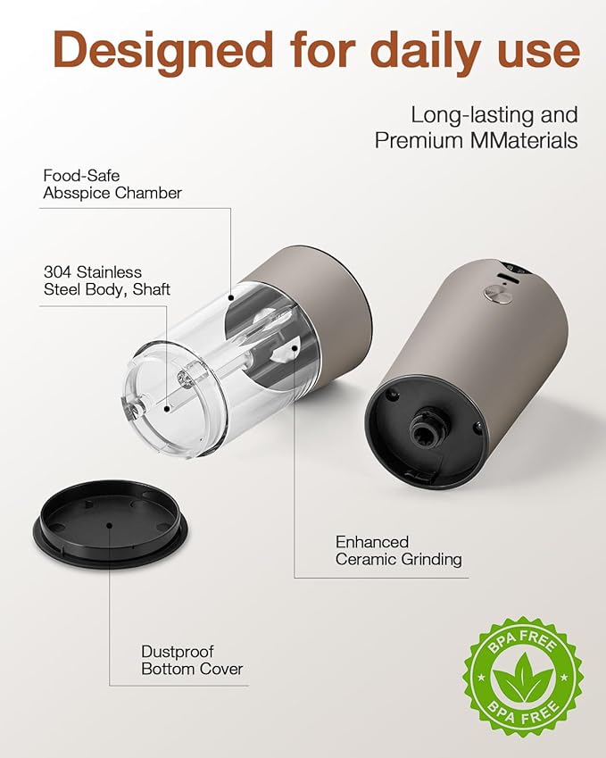 Electric Salt and Pepper Grinder Set, Stainless Steel Automatic Pepper Mill, Rechargeable with USB-C Charging Base, Gravity Activated One-Handed Operation, Dual LED Light, 2 Pack
