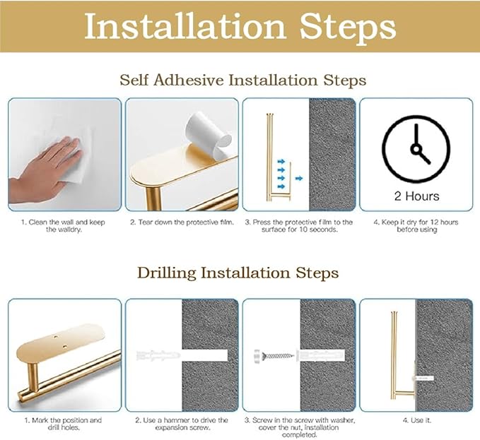 2PCS Fliverly Self Adhesive Paper Towel Holder Under Cabinet Mount, Wall Mounted Paper Towel Roll Holder for Kitchen, Bathroom, Wall,BBQ Grill, Gold