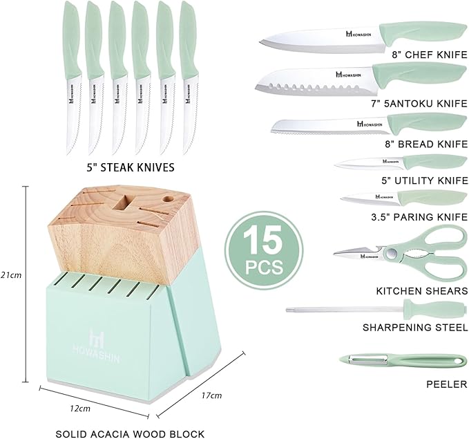Green Knife Set, 15 Pcs Kitchen Knife Set with Block,High Carbon German Stainless Steel Knife Block Set, Hand wash Safe Knives Set