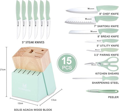 Green Knife Set, 15 Pcs Kitchen Knife Set with Block,High Carbon German Stainless Steel Knife Block Set, Hand wash Safe Knives Set