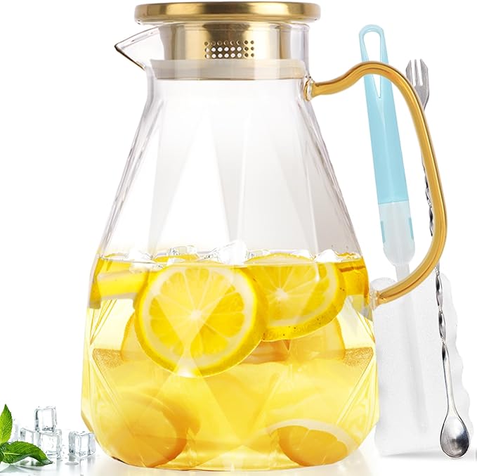 Yirilan Glass Pitcher, 2.4Liter Water Pitcher With Lid, Iced Tea Pitcher for Fridge, Glass Water Carafe With Lid, Glass Water Jug, Large Drink Pitcher For Juice, Milk, Cold Or Hot Beverages, 2400ML by Yirilan