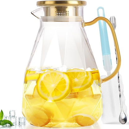 Yirilan Glass Pitcher, 2.4Liter Water Pitcher With Lid, Iced Tea Pitcher for Fridge, Glass Water Carafe With Lid, Glass Water Jug, Large Drink Pitcher For Juice, Milk, Cold Or Hot Beverages, 2400ML by Yirilan