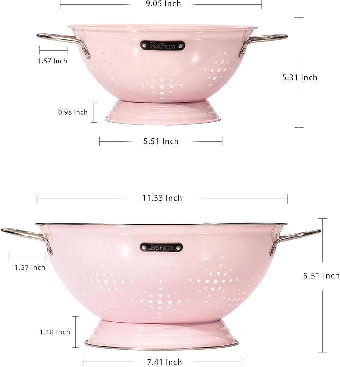 Metal Colander 2 Pack, Strainer Bowel with Handles 2Qt & 6Qt Powder Coated Solid Ring Base Heavey Duty Kitchen Drainer Basket for Pasta Veggies and Fruits,New Home Apartment Essentials (Pink) - Image 3