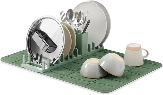 Umbra UDry Dish Drying Rack with Mat – Kitchen Countertop Dish Drainer & Absorbent Microfiber Drying Mat, Foldable Dish Rack Organizer for Plates, Cups & Utensils, Spruce