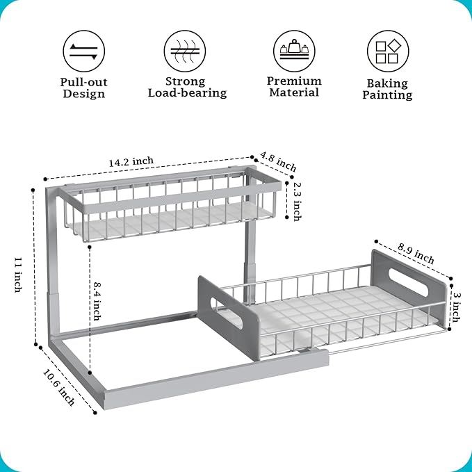 REALINN Under Sink Organizer, Pull Out Cabinet Organizer 2 Tier Slide Out Sink Shelf Cabinet Storage Shelves, Storage for Kitchen Bathroom, Grey, 1 Pack - Image 2