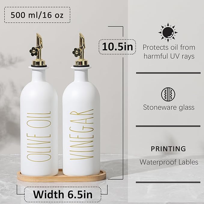 HOMCDALY 16oz Olive Oil Dispenser Bottles for Kitchen, Gold Oil&Vinegar Dispenser Set, Glass Oil Dispenser for Kitchen with Bamboo Tray | Set of 2 (16oz-P-Gold) - Image 3