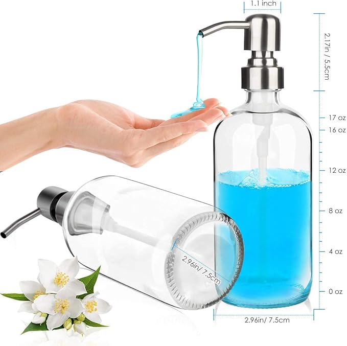 ARKTEK Refillable Soap Dispenser (2 Units) - 17 Oz Clear Glass Bottle with Rust Proof Pump for Hand and Dish Soap, Kitchen Bathroom Countertop - Image 2