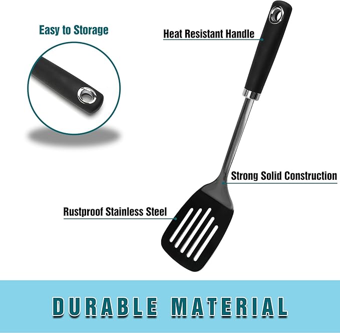Metal Spatula, Stainless Steel Slotted Turner for Kitchen Use, Heat-Resistant Non-Slip Silicone Handle, Cooking Spatula for Pancakes, Eggs, Burgers, Black