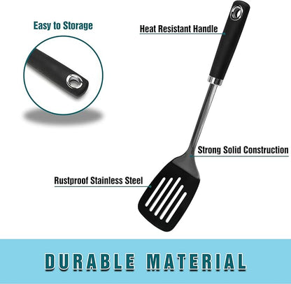 Metal Spatula, Stainless Steel Slotted Turner for Kitchen Use, Heat-Resistant Non-Slip Silicone Handle, Cooking Spatula for Pancakes, Eggs, Burgers, Black