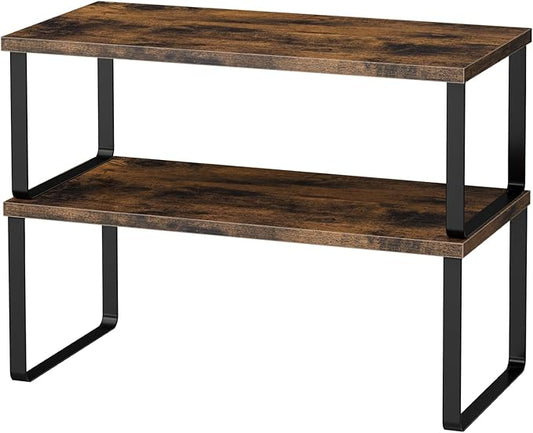 OGEMXU Cabinet Shelf Organizers, 15.7 inches Large Kitchen Counter Shelf, Set of 2 Wood Kitchen Pantry Organizer, Storage Shelves for Countertop, Spice Rack, Stackable, Expandable, Metal Black, Brown by OGEMXU