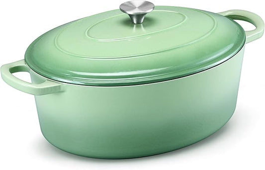 E-far 7QT Oval Dutch Oven Pot with Lid, Enameled Cast Iron Dutch Oven with Dual Handles, Heavy-Duty Cookware for Sourdough Bread Baking, Braising, Stews, Oven Safe & Easy Clean, Green
