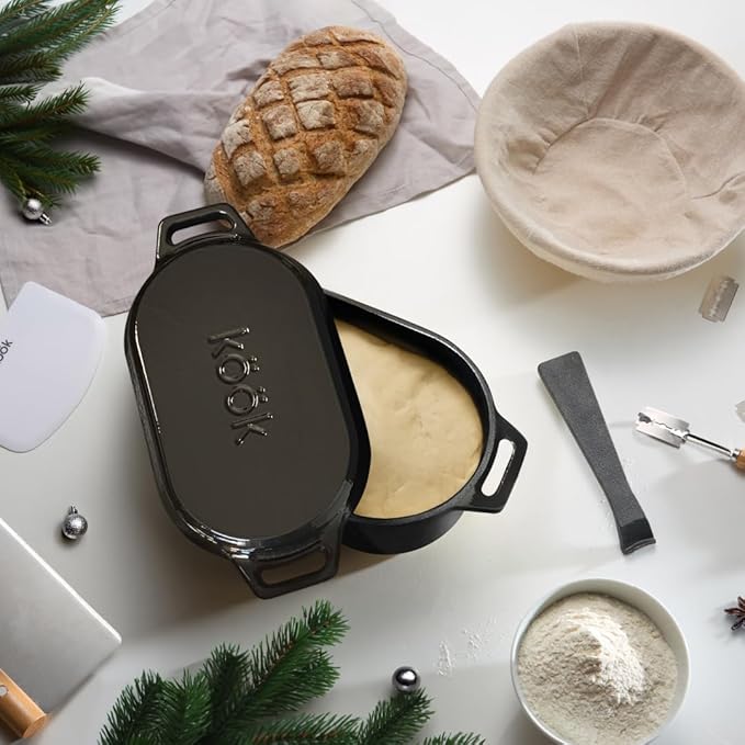 KooK Dutch Oven, for Bread Baking, Sourdough Loaf Pan, with Lid, Dual Handles, Enameled Cast Iron, includes Lid Lever, Dishwasher Safe, Oven safe 500F, 3.4 Qt, Black - Image 6