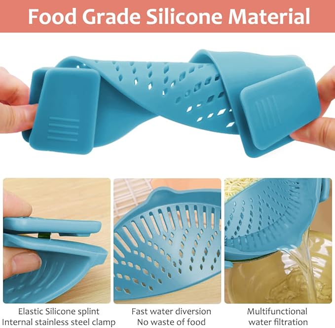 YEVIOR Clip on Strainer for Pots Pan Pasta,Silicone Food Strainer Hands-Free Pan Strainer, Clip-on Kitchen Food Strainer for Spaghetti, Pasta, Ground Beef Fits All Bowls and Pots (Teal) - Image 4