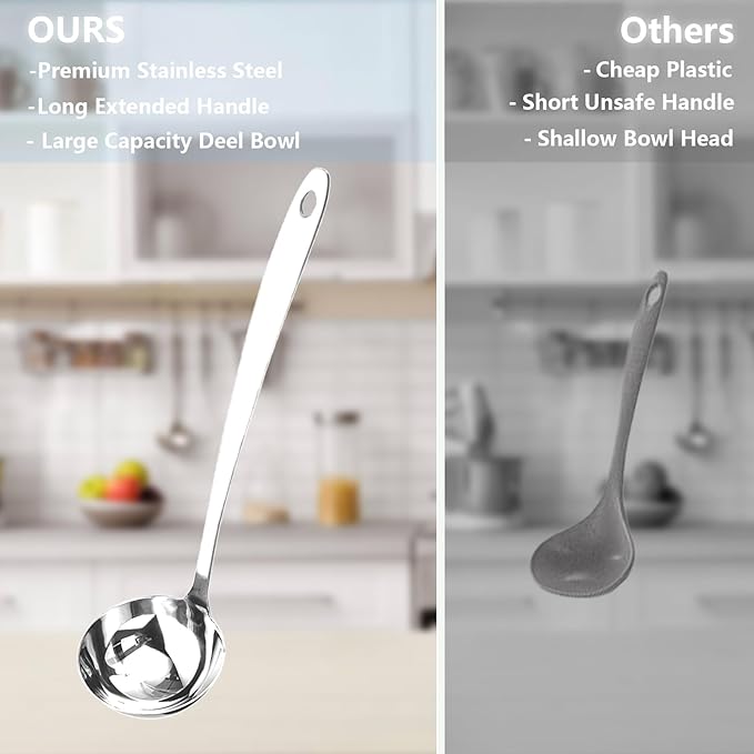 Professional Stainless Steel Soup Ladle, 10.5" Comfort Grid, Long Ergonomic Handle, Durable Kitchen Utensil for Cooking, Stirring, Serving Soups, Heavy-Duty Metal, Dishwasher Safe