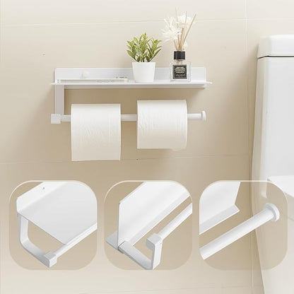 Paper Towel Holder Wall Mount for Bathroom Hand Towel Holder for Bathroom Black Paper Towel Holder with Shelf (White)