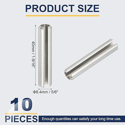 PATIKIL Slotted Spring Pin, 10 Pcs 5/16" x 1-9/16" (8.4mm x 40mm) 304 Stainless Steel Split Roll Pins Spring Dowel for Home Improvement Automotive Machine Repair, Silver