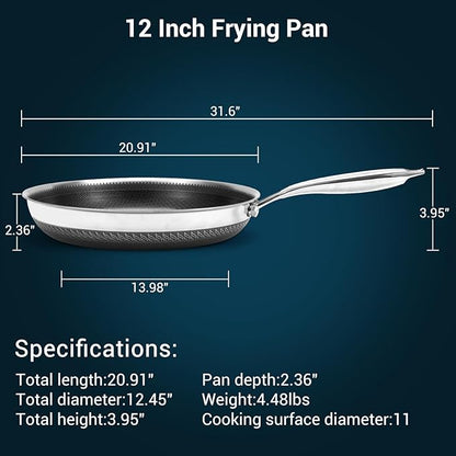 12 Inch Tri-Ply Stainless Steel Hybrid Frying Pan with Lid - Ceramic Nonstick Skillet, Induction & Oven Safe 600°F, PFAS/PFOA Free Professional Clad Cookware