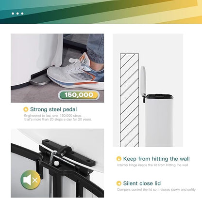 FDW | 13 Gallon Trash Can with Lid | White | Fingerprint-Proof | Made of Brushed Stainless Steel | Soft-Close Step Pedal | Hands-Free Use | Easy to Clean | for Kitchen, Office, Bathroom - Image 2