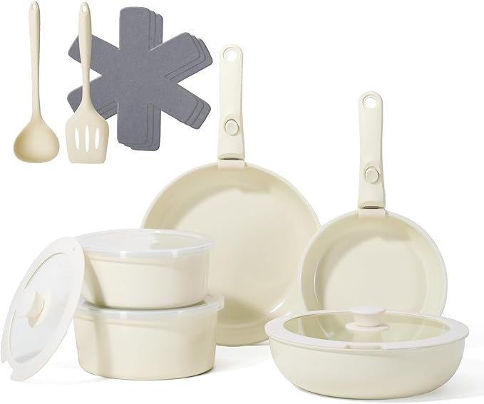 Pots and Pans Non Stick,16Pcs Ceramic Nonstick Cookware Sets, Induction Kitchen tagines Set with Removable Handle, Cooking Frying Pans & Saucepans(PFOA Free), Oven/Dishwasher/Fridge Safe, Space Saving by SNOWCLAD