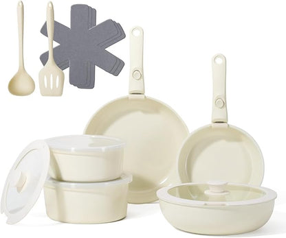 Pots and Pans Non Stick,16Pcs Ceramic Nonstick Cookware Sets, Induction Kitchen tagines Set with Removable Handle, Cooking Frying Pans & Saucepans(PFOA Free), Oven/Dishwasher/Fridge Safe, Space Saving by SNOWCLAD
