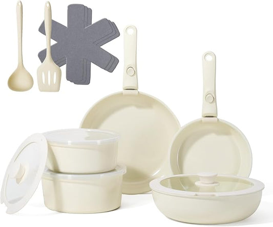 Pots and Pans Non Stick,16Pcs Ceramic Nonstick Cookware Sets, Induction Kitchen tagines Set with Removable Handle, Cooking Frying Pans & Saucepans(PFOA Free), Oven/Dishwasher/Fridge Safe, Space Saving by SNOWCLAD