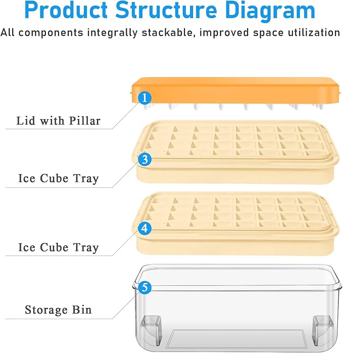 Ice Cube Tray with Lid and Bin, 64 pcs Ice Tray Kit with Ice Scoop, Ice Cube Pop Out Tray, Ice Cube Trays for Freezer, Ice Cube Molds, BPA Free, Easy Release Stackble Spill-Resistant ZZWILLB (Orange)