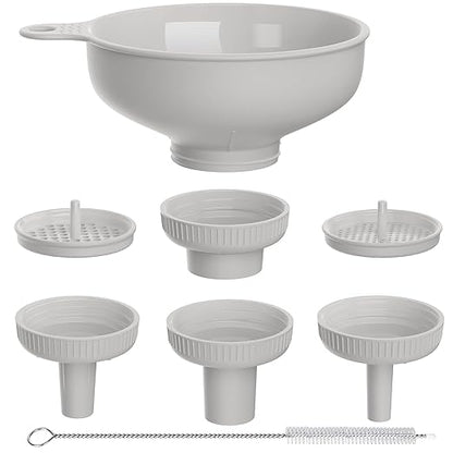 Pisol Wide Mouth Versatile Funnel, Canning Funnels for Kitchen Use, Food Grade Plastic Cooking Funnel Set with 4 Size Spouts and 2 Strainers for Filling Different Bottles and Bags, Grey by Pisol