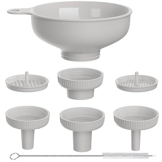 Pisol Wide Mouth Versatile Funnel, Canning Funnels for Kitchen Use, Food Grade Plastic Cooking Funnel Set with 4 Size Spouts and 2 Strainers for Filling Different Bottles and Bags, Grey by Pisol