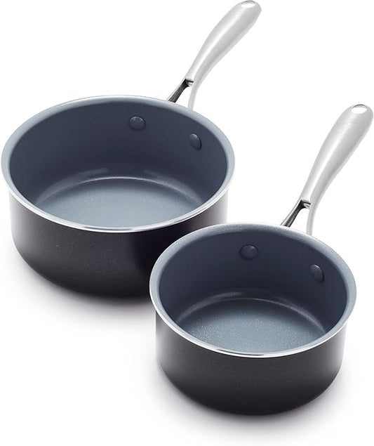 GreenPan Swift Healthy Ceramic Nonstick, 1QT and 2QT Saucepan Set, Stainless Steel Handle, PFAS-Free, Dishwasher Safe, Oven Safe, Black by GreenPan