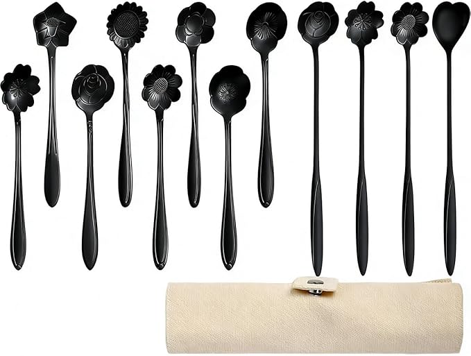 12 Pcs Flower Coffee Tea Spoons Set with Storage Bag, 4 Long & 8 Short Stainless Steel Teaspoons for Sugar Dessert Ice Cream Stirring, Cute Fancy Tableware for Tea Party Kitchen Cafe Bar(Black)