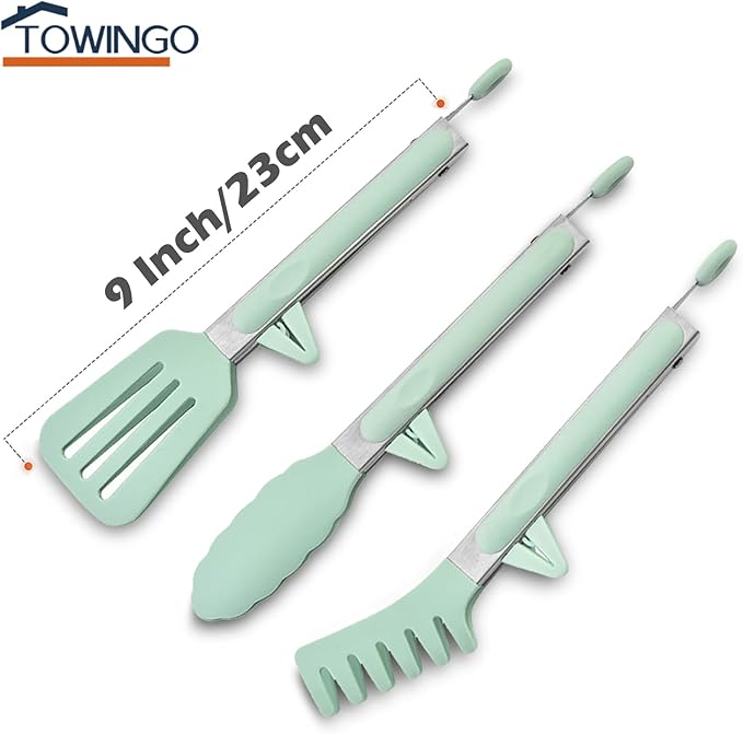 Kitchen Tongs for Cooking, 9 Inch Small Silicone Tongs, Food Grade Mini Serving Tongs with Silicone Tips, Set of 3, Green - Image 5