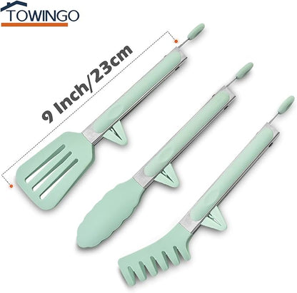 Kitchen Tongs for Cooking, 9 Inch Small Silicone Tongs, Food Grade Mini Serving Tongs with Silicone Tips, Set of 3, Green - Image 5