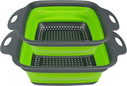 AUAUY 2 PCS Collapsible Colander Set, Square Silicone Folding Colander with Plastic Handles, Eco-Friendly Large Hole Kitchen Strainer for Draining Pasta Vegetables Fruits-1 Large and 1 Small by AUAUY