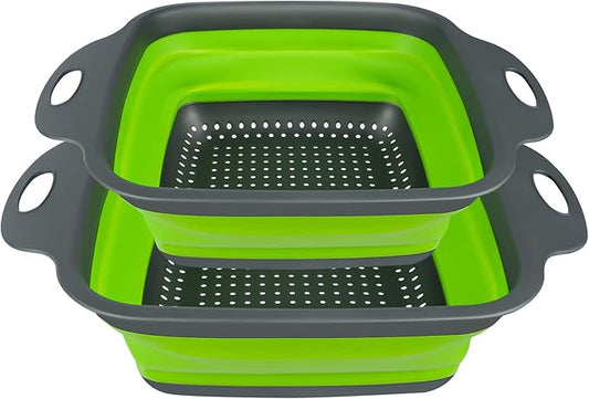 AUAUY 2 PCS Collapsible Colander Set, Square Silicone Folding Colander with Plastic Handles, Eco-Friendly Large Hole Kitchen Strainer for Draining Pasta Vegetables Fruits-1 Large and 1 Small by AUAUY