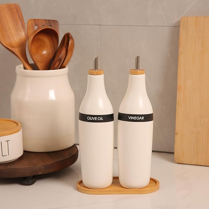 HOMCDALY Olive Oil and Vinegar Dispenser Set, Two 16oz Ceramic Oil Dispenser for Kitchen, Kitchen Dispenser Bottle for EVOO Vinegar Syrups, Modern Farmhouse Design| Set of 2 – white - Image 2
