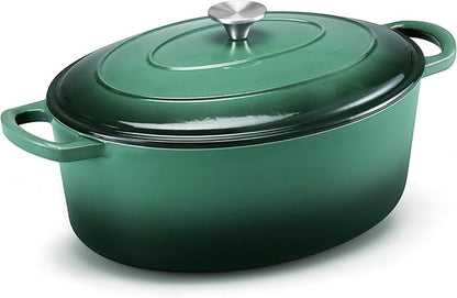 E-far 7QT Oval Dutch Oven Pot with Lid, Enameled Cast Iron Dutch Oven with Dual Handles, Heavy-Duty Cookware for Sourdough Bread Baking, Braising, Stews, Oven Safe & Easy Clean, Dark Green