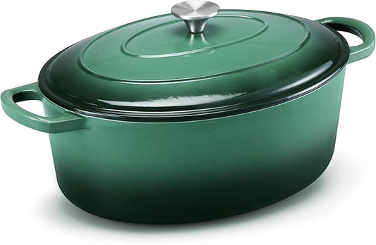 E-far 7QT Oval Dutch Oven Pot with Lid, Enameled Cast Iron Dutch Oven with Dual Handles, Heavy-Duty Cookware for Sourdough Bread Baking, Braising, Stews, Oven Safe & Easy Clean, Dark Green