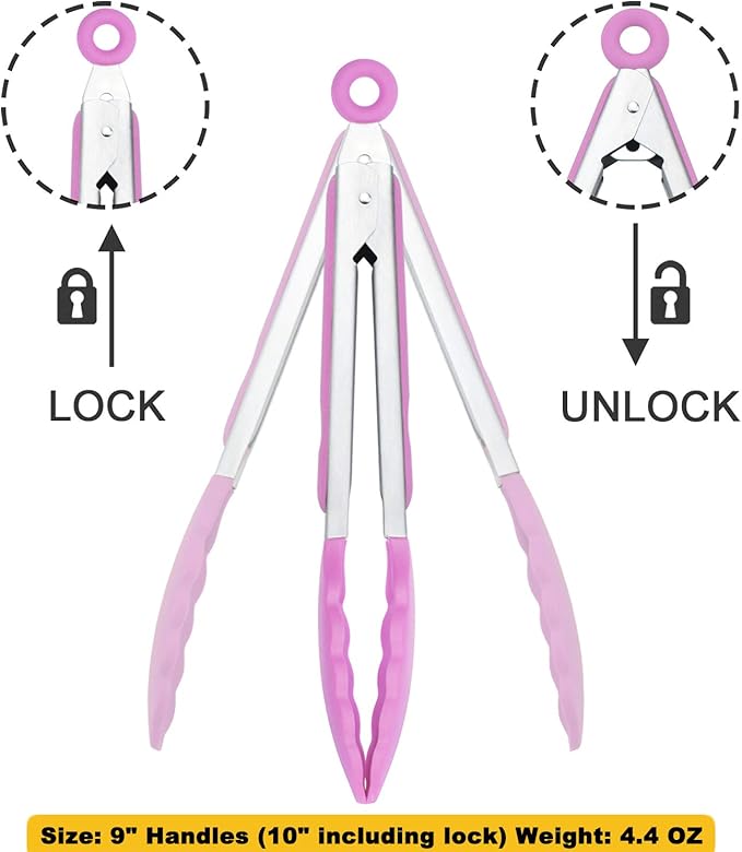 HINMAY Serving Tongs with Silicone Tips 9 Inches Stainless Steel Food Tongs, Set of 3 (Pink) - Image 3
