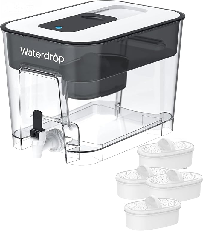 Waterdrop 40-Cup Large Water Filter Dispenser with 4 Filters, 200-Gallon Long-Life, for Home and Office, 5X Times Lifetime, Reduces Chlorine, PFOA/PFOS and More, BPA Free, Black by Waterdrop