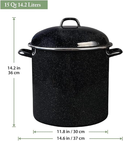 Granite Ware 15 Qt Heavy Gauge Stock Pot with Lid. (Speckled Black) Enamelware. Stainless Steel. Suitable for cooktops, oven to table. Dishwasher Safe.