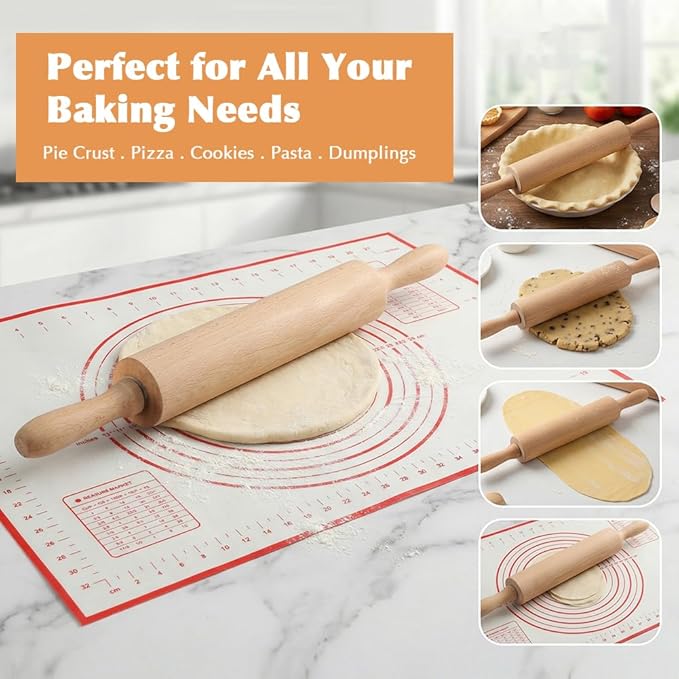 Rolling Pin Set for Baking, 3-Piece Wooden Dough Roller with Silicone Mat and Stand, Kitchen Pastry Baking Accessories for Pie Crust, Cookies, Pizza Dough and Bread