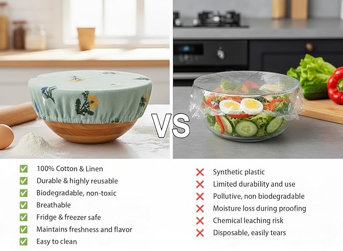 Reusable Bowl Covers (Set of 4) - Breathable Cotton Linen Sourdough Accessories - Elastic Durable Fabric Food Lids for Proofing Baskets & Bread Baking Supplies (Sage Green) - Image 8