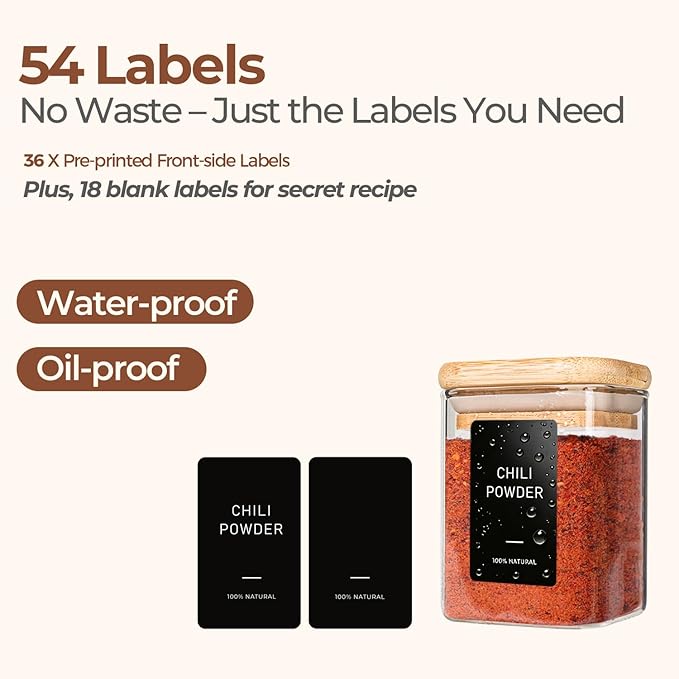 ComSaf Spice Jars with Label 4oz 16 Pack, Glass Spice Jars with Bamboo Lid, Mini Seasoning Containers with 54 Black Labels, Stackable for Kitchen, Pantry Organization, Loose Tea, Herbs, Powders, Salt - Image 6